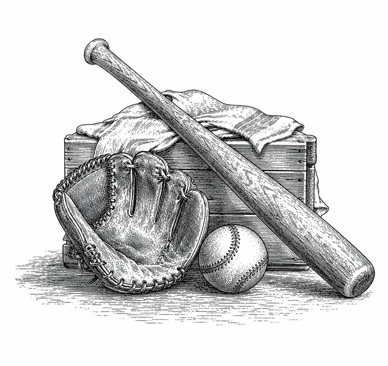 Baseball bat, glove and ball